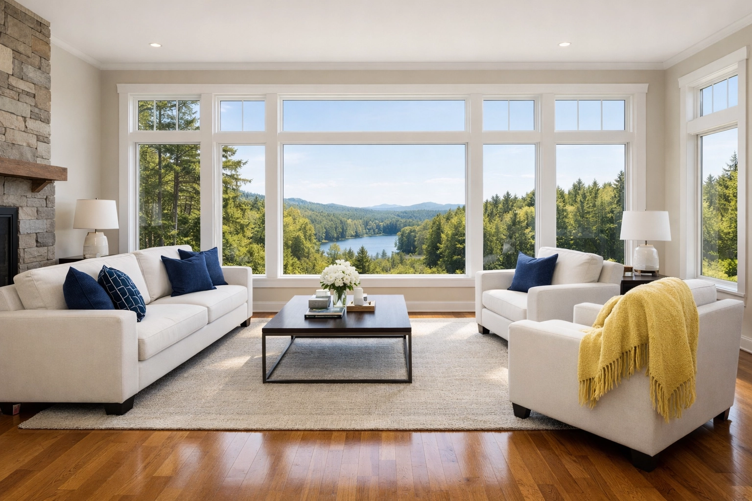Clean modern living room with hardwood floors, a perfect example of professional house cleaning in Ashburnham MA.
