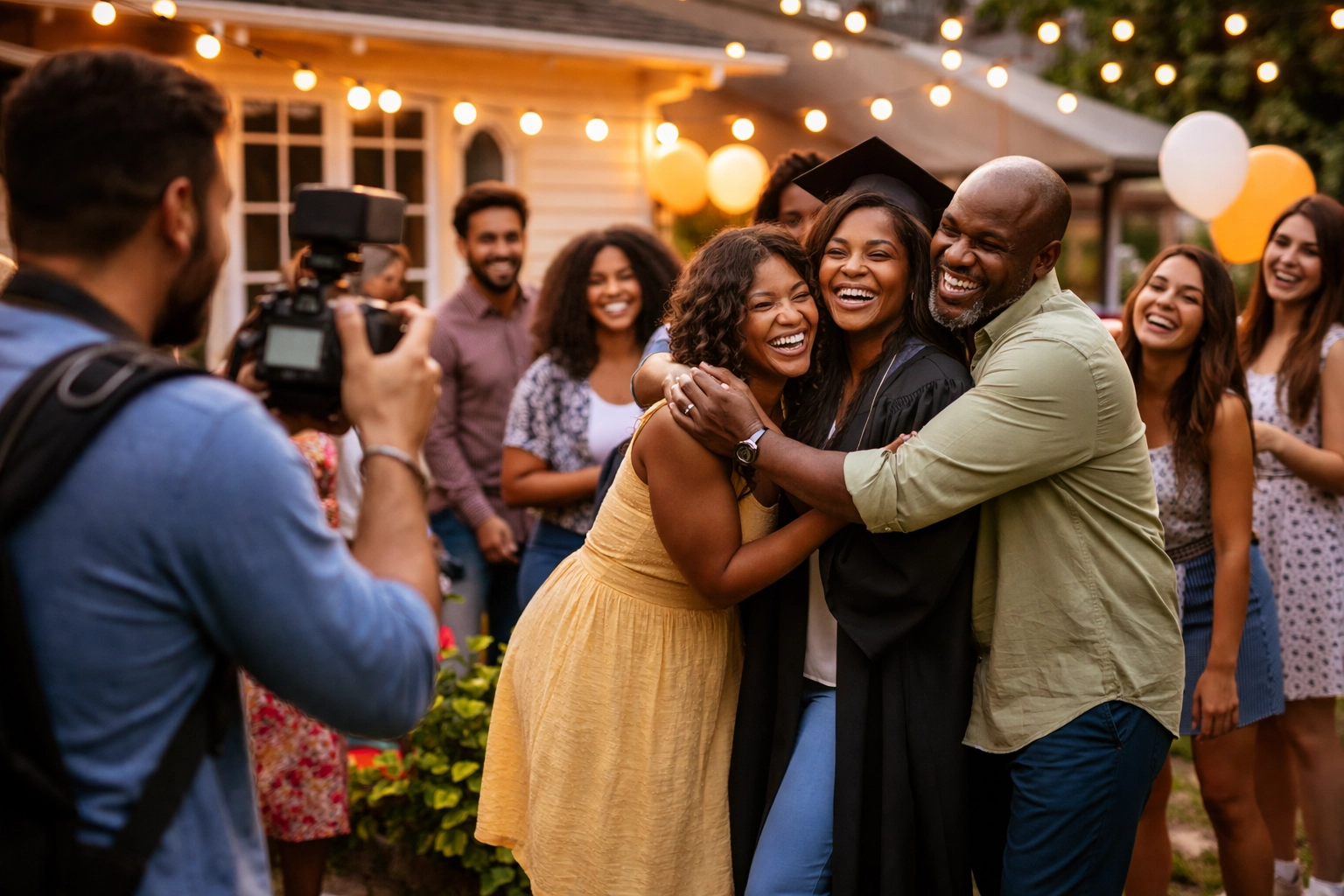 Family hugging their graduate at a backyard Atlanta graduation party, captured by a roaming photo booth in warm sunset light.