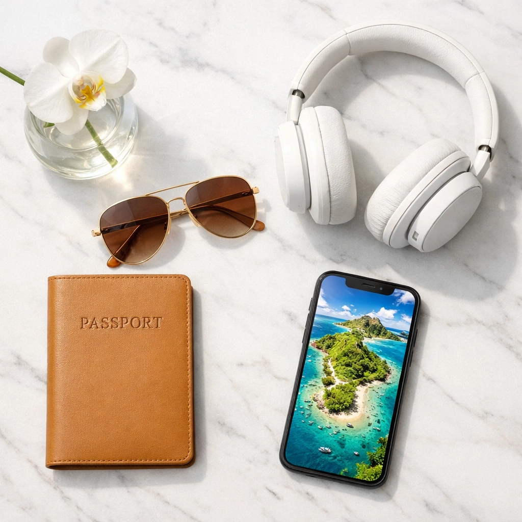 Flat lay of luxury travel essentials including a leather passport cover and a tropical island map.