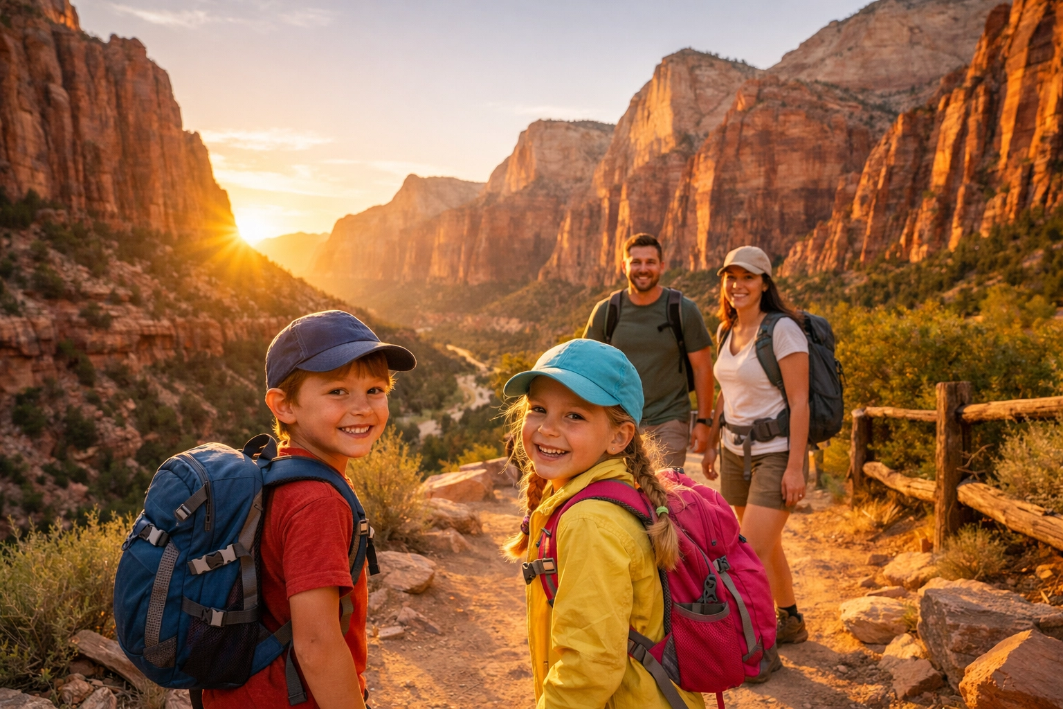 Family hiking in Zion National Park, illustrating fun outdoor things to do during family travel.