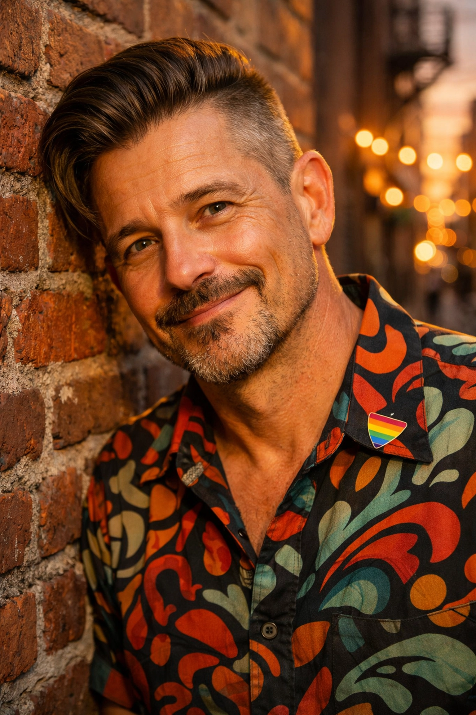 A stylish queer man in an urban setting, representing a well-developed supporting character in MM romance stories.