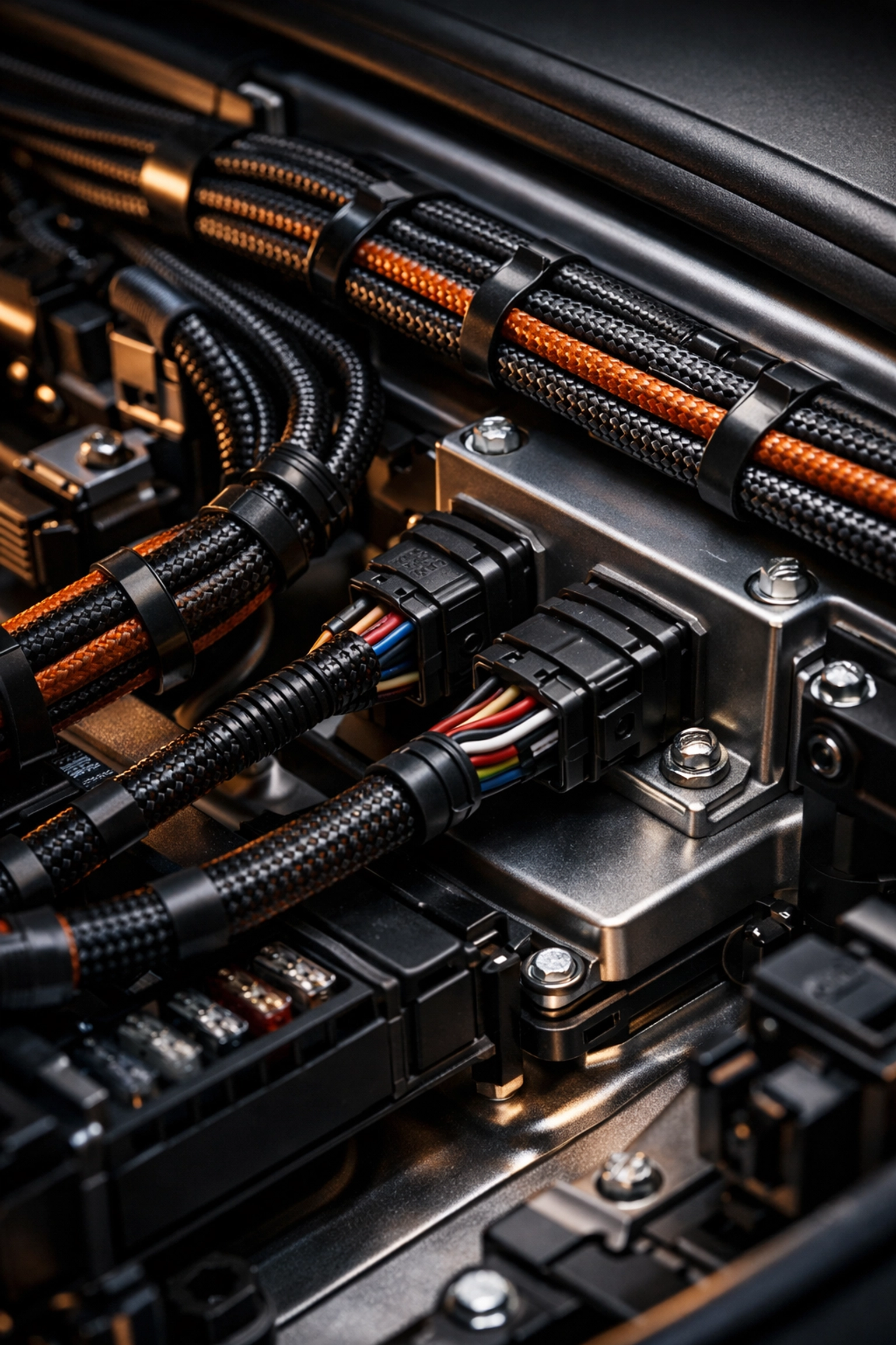Detailed view of organized car wiring, illustrating the precision of professional QuickBooks Online cleanups.