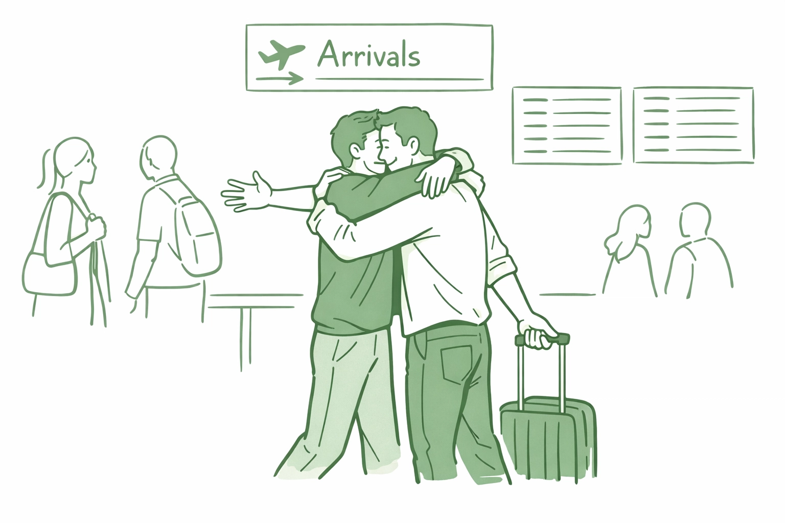 LGBTQ+ refugee embracing partner at airport arrival gate after reaching safety