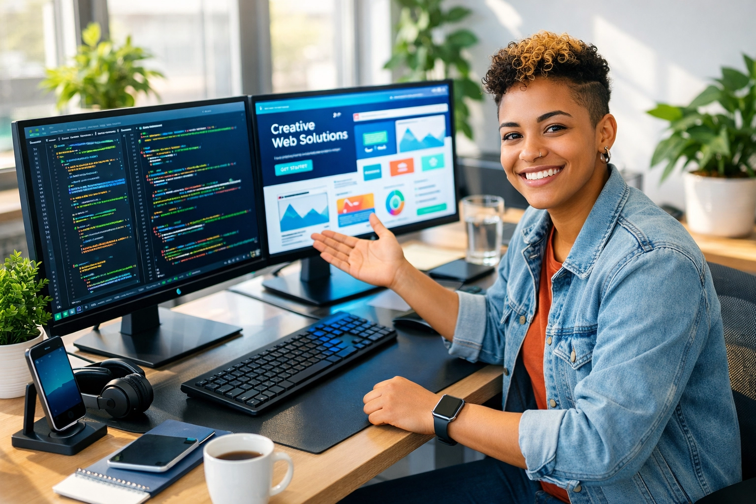 Young professional working on web development and coding at modern tech workspace