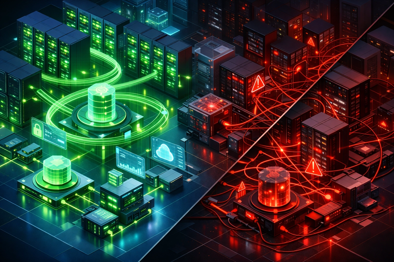 ITOM infrastructure visualization showing healthy vs problematic data center connections