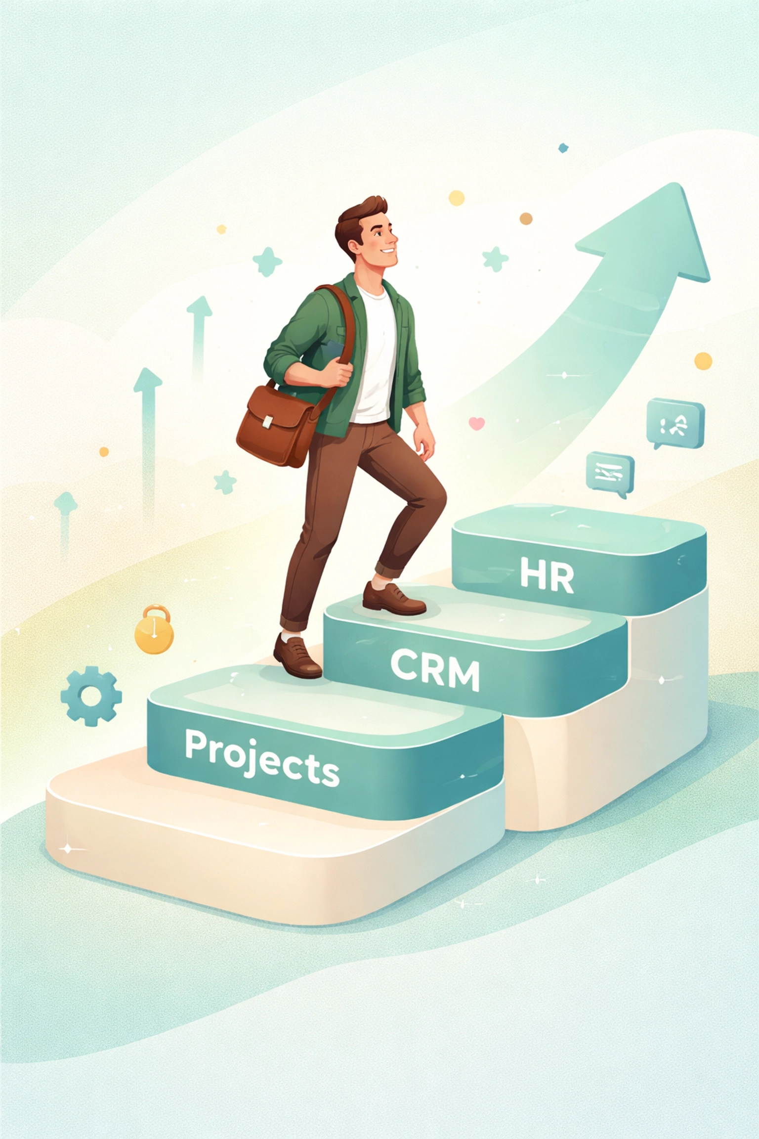 Confident SMB owner climbing steps representing integrated HR, CRM, and project tools, showing growth and business success.