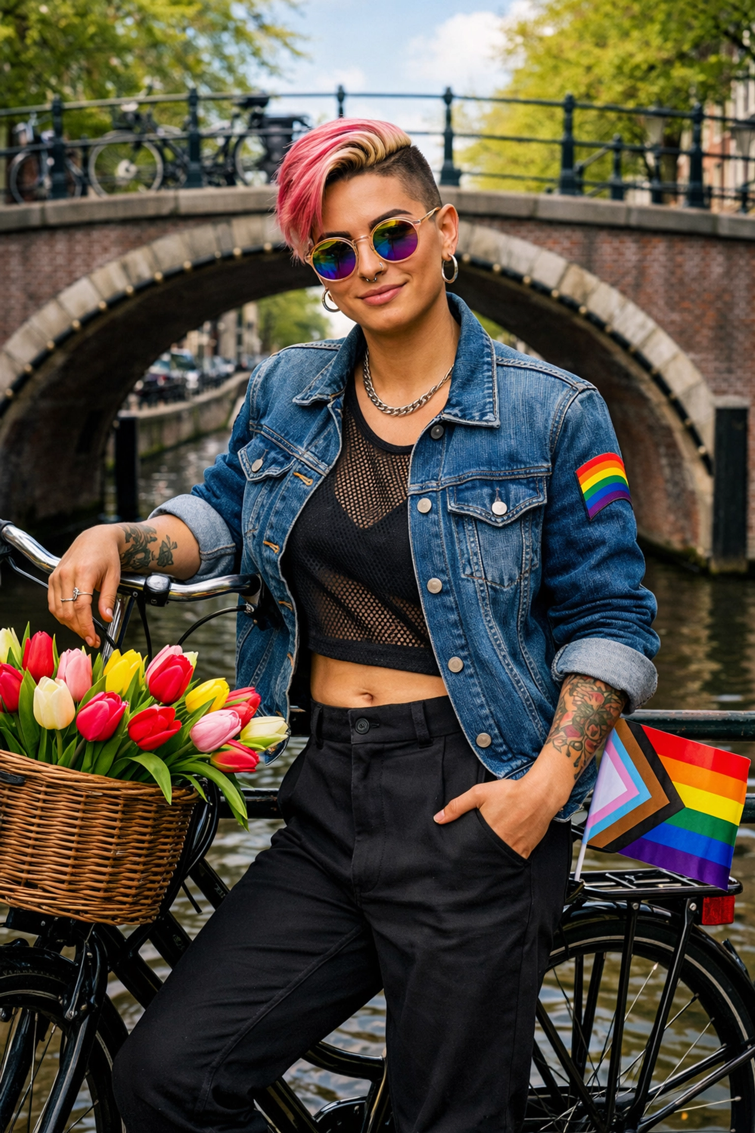 A person with a pride-flag decorated bike and tulips on a historic bridge in Amsterdam.
