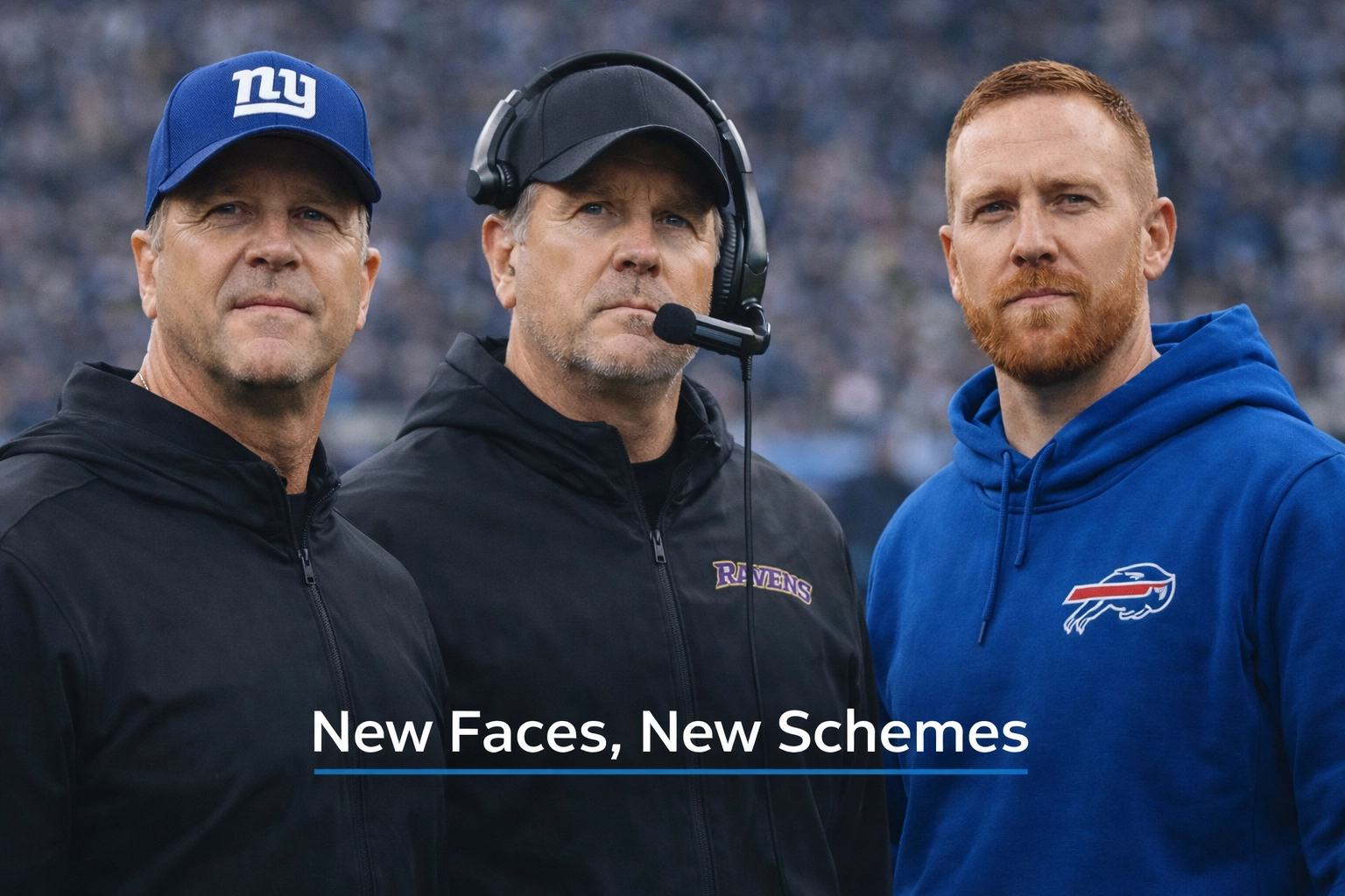 John Harbaugh in a New York Giants hat alongside Jesse Minter and Joe Brady during the 2026 NFL coaching carousel