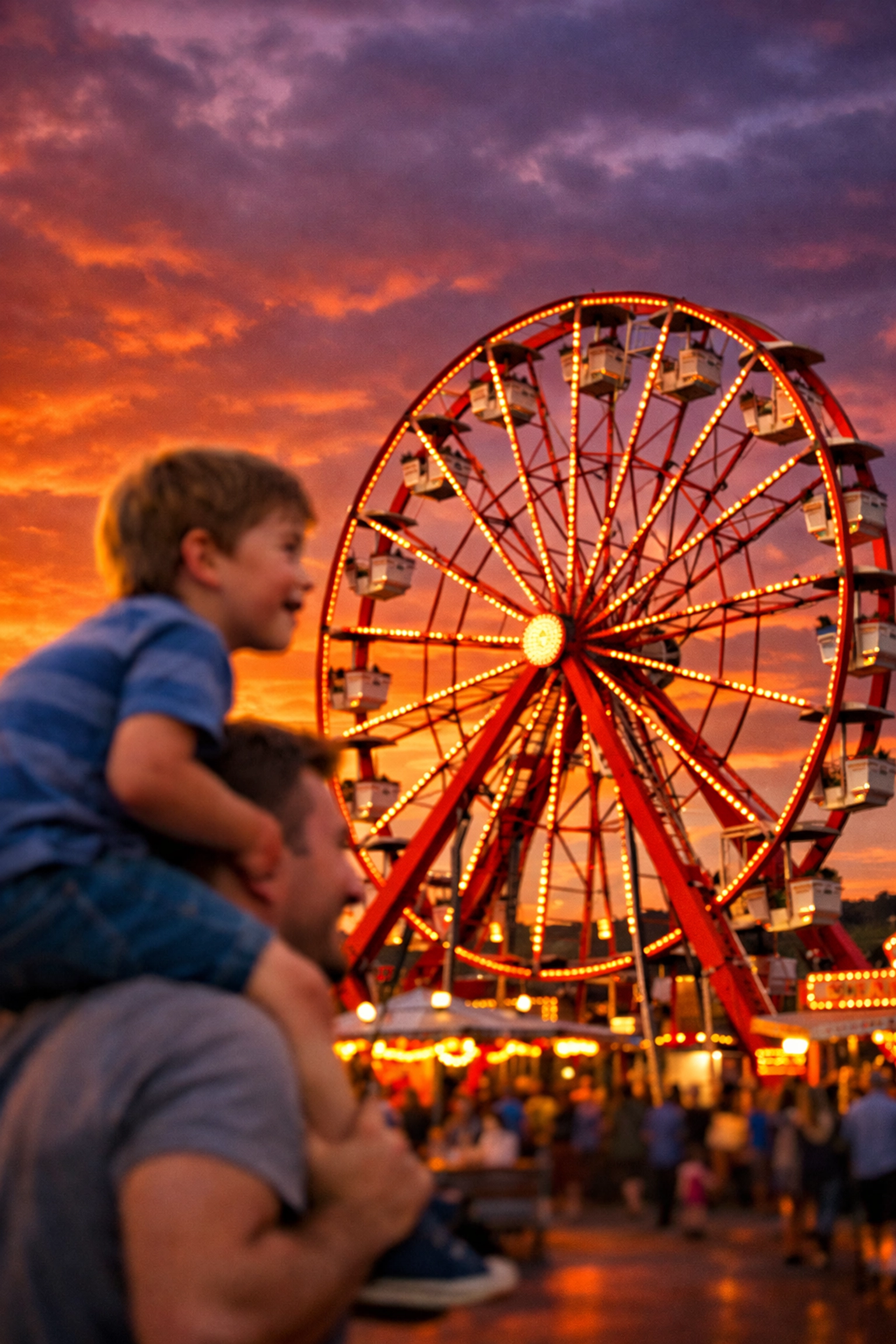 A father holding his son on his shoulders while looking at a Ferris wheel at sunset during golden hour.