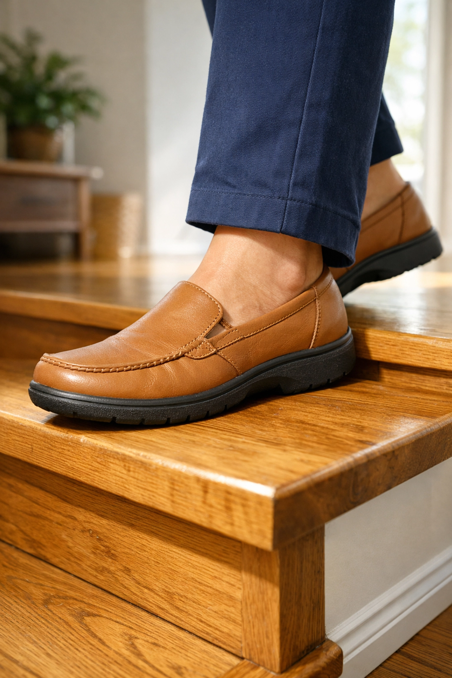 Person wearing supportive non-slip shoes stepping firmly on a wooden stair tread to maintain balance.