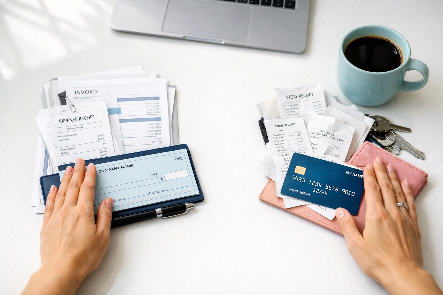 Small business owner separating personal and business finances on desk with receipts and invoices