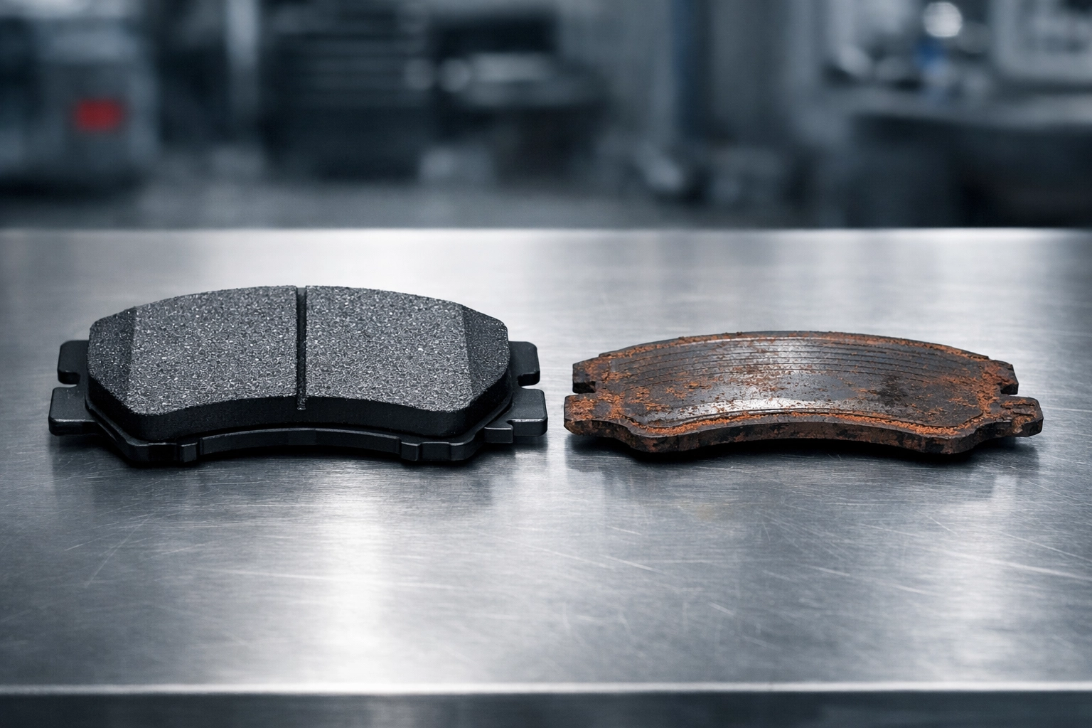 Side-by-side comparison of thick new brake pads versus dangerously thin worn-out pads for brake repair in Hamilton.
