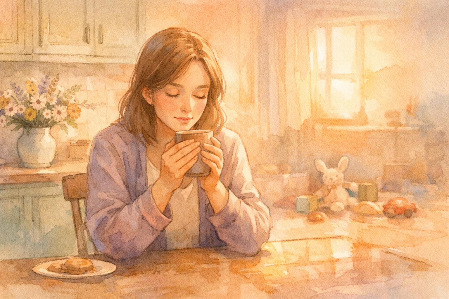 Christian mother praying peacefully in kitchen during midday with children's toys in background