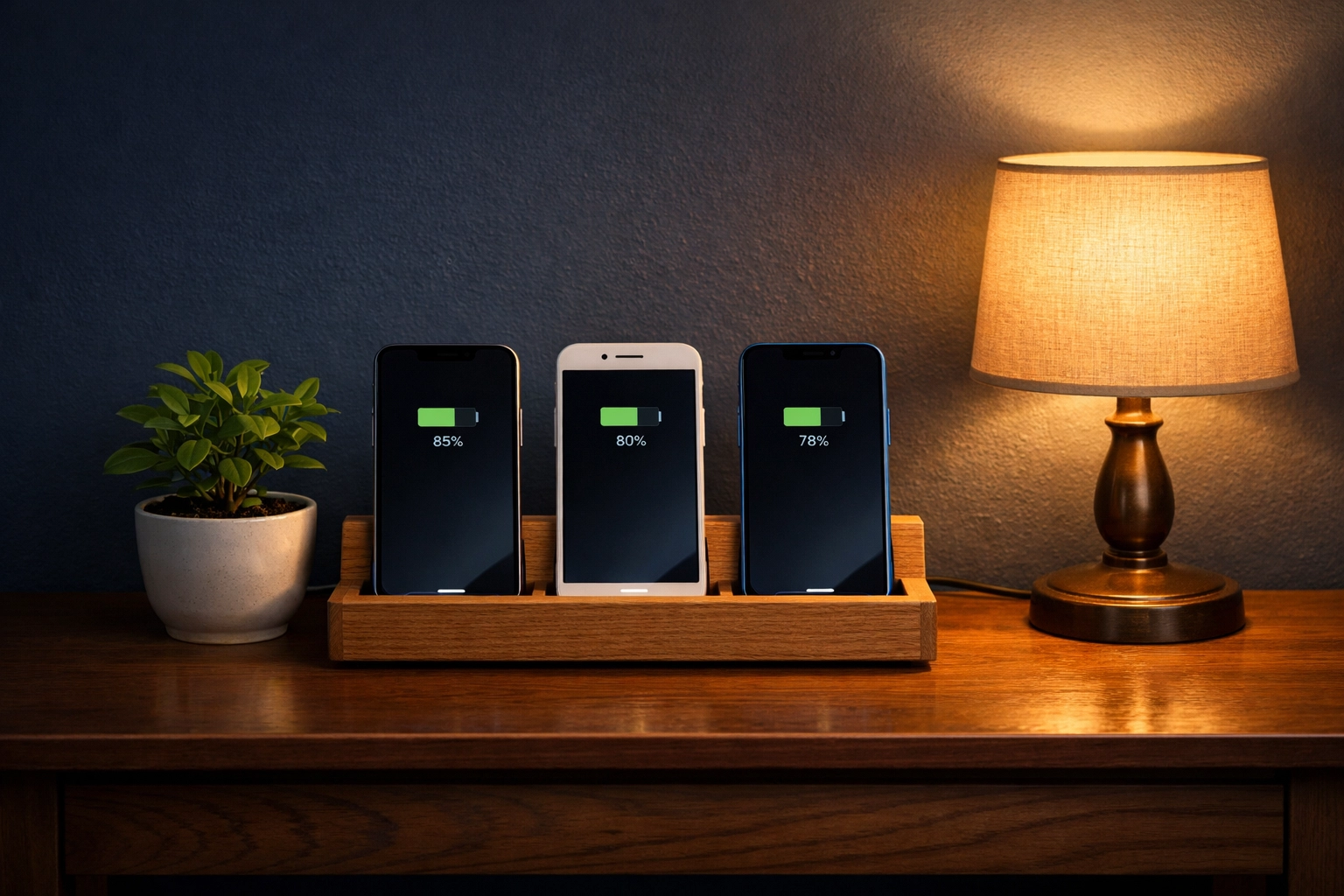 Phone charging station in hallway with multiple devices at night