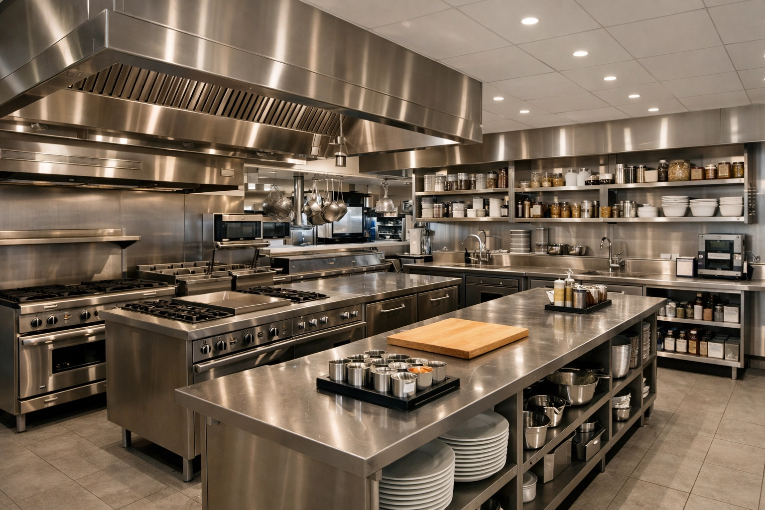 Pristine open-concept restaurant kitchen in Worcester maintained with professional commercial cleaning services.
