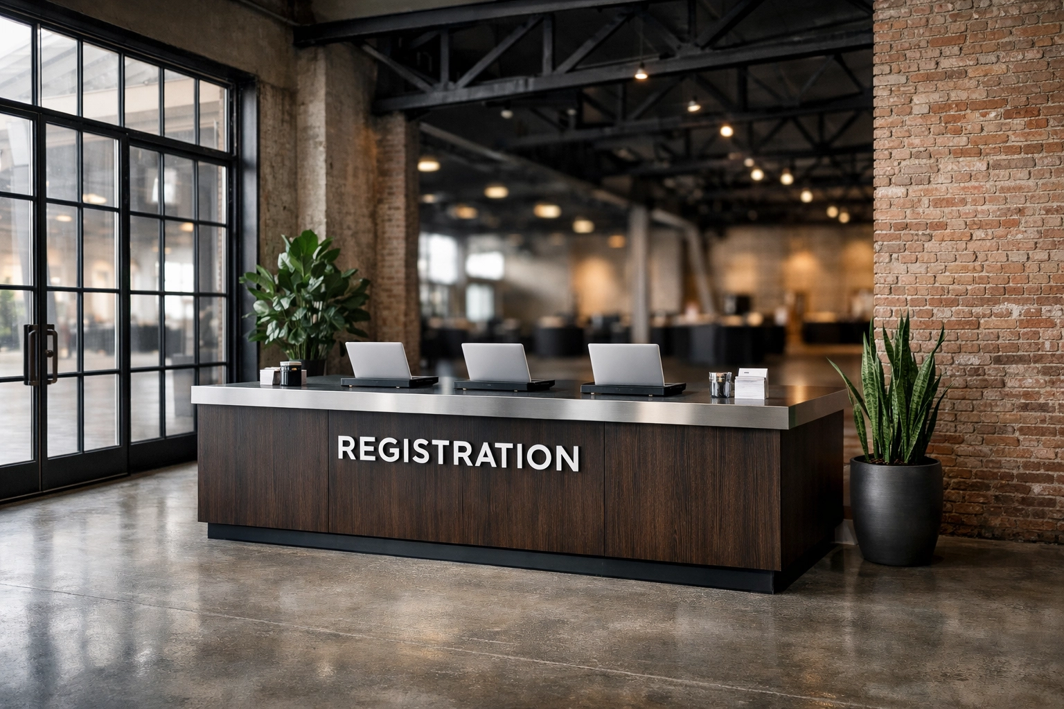 Minimalist registration desk at an industrial-chic San Francisco corporate event space in the SoMa district.