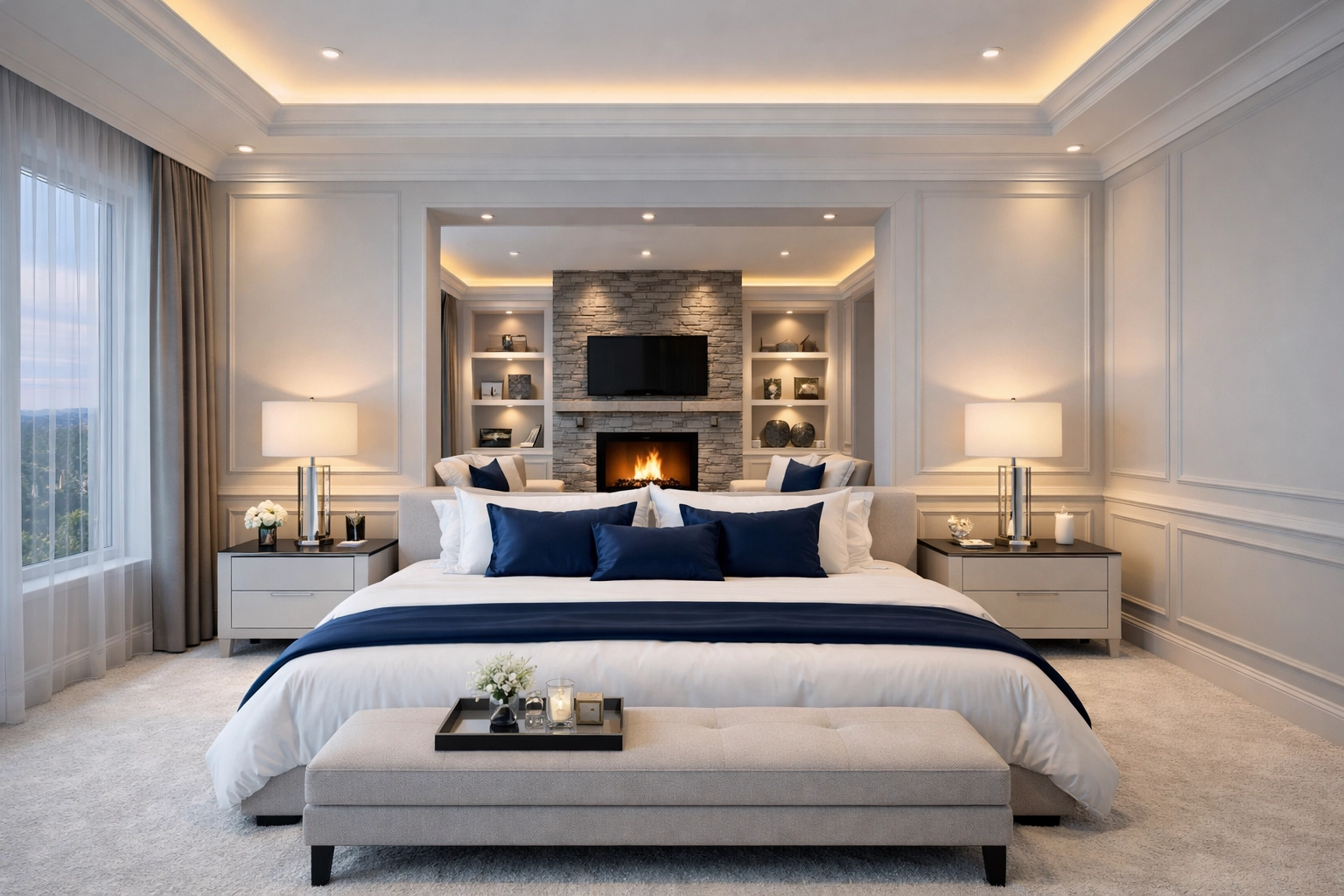 Serene master bedroom with pristine white carpeting from professional luxury cleaning in Hamilton.