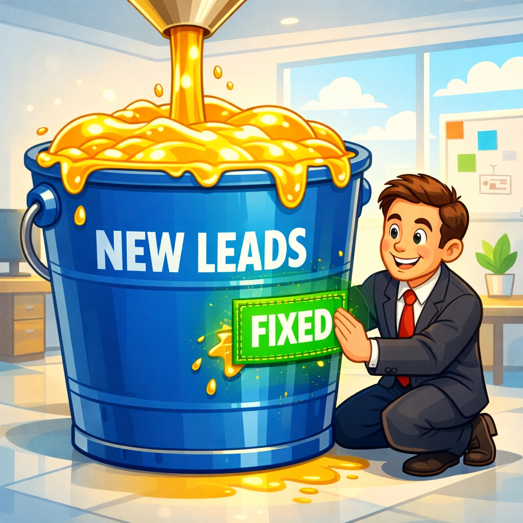 Business owner fixing a leaky lead bucket to improve small business conversion rates.