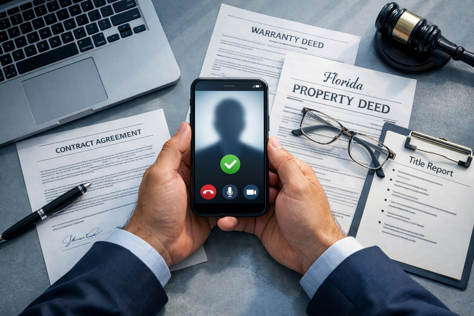 Investor verifying Florida property seller identity via video call with legal documents