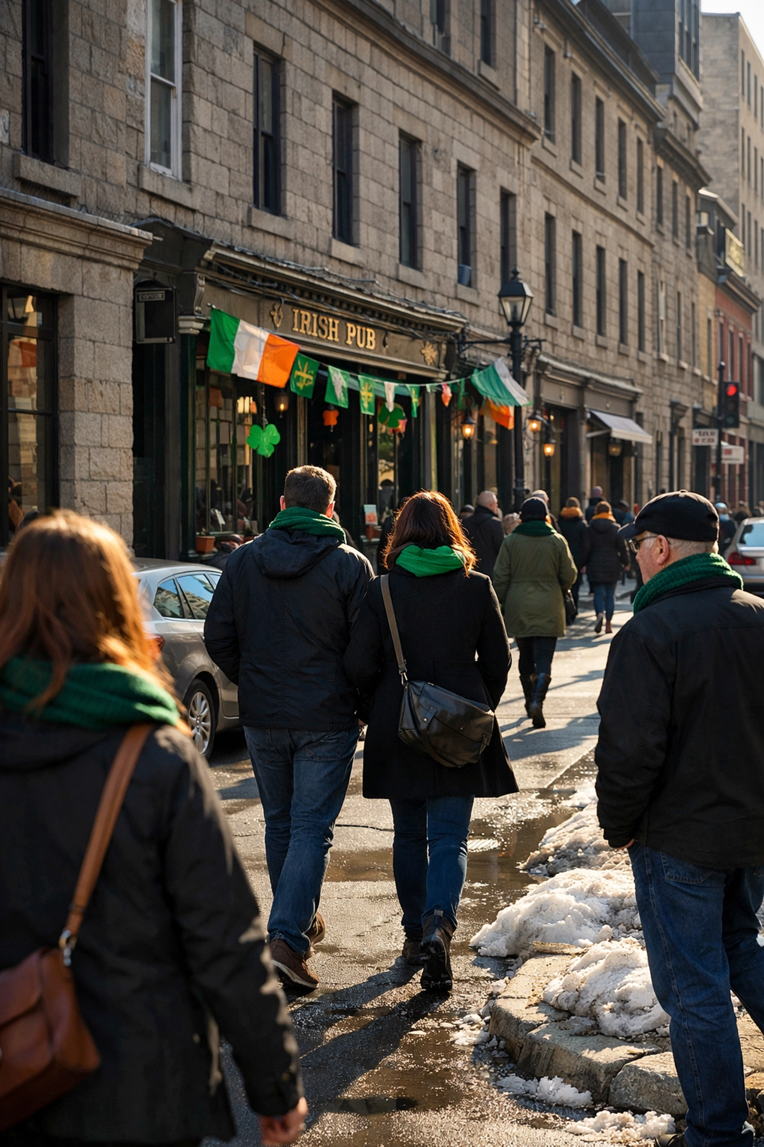 Sunny Montreal street in March featuring an Irish pub decorated with green St. Patrick's Day banners.