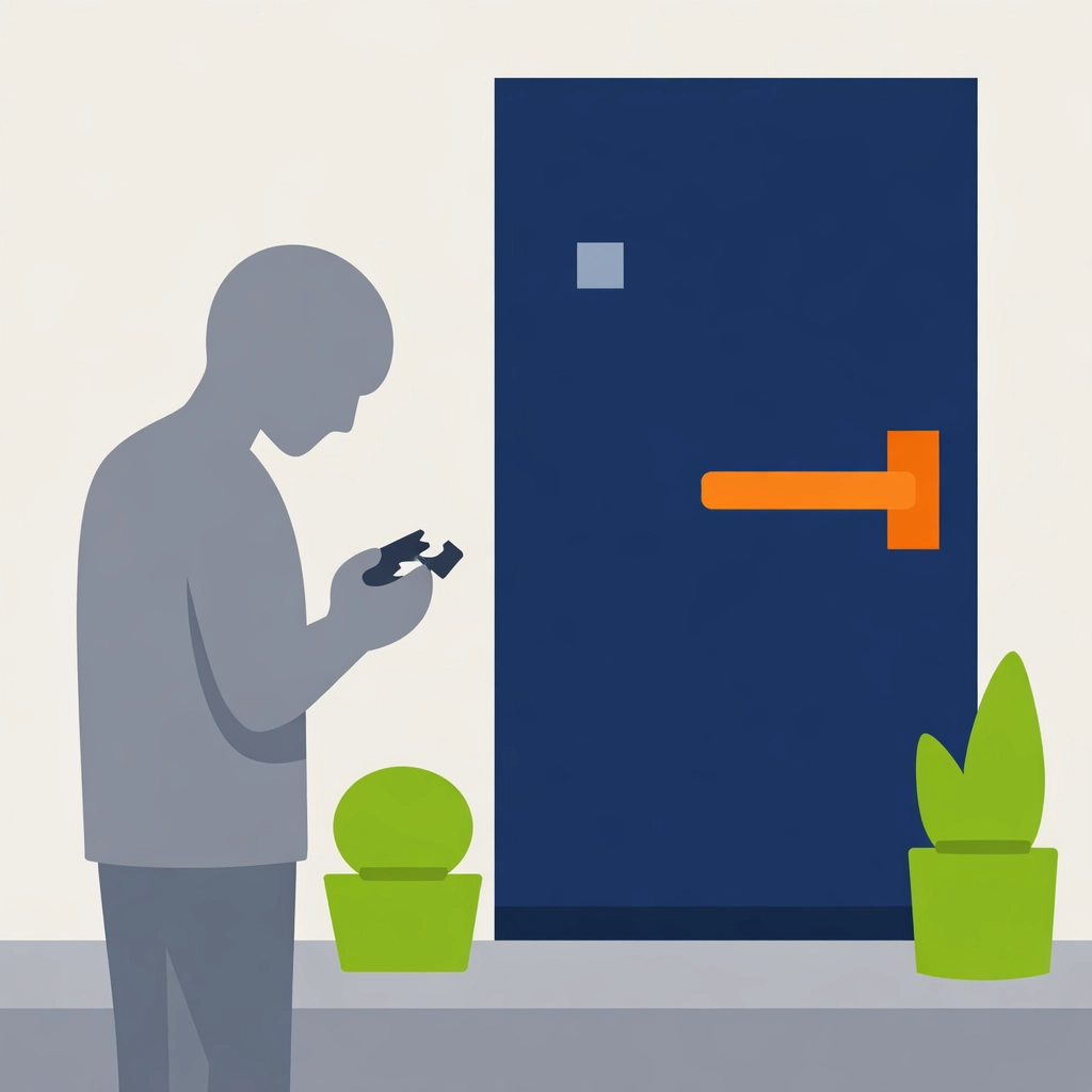 Illustration of a person with a broken key outside a blue door needing an emergency locksmith in Bristol.