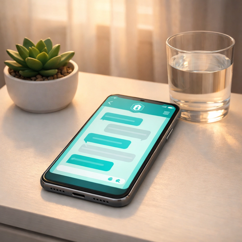 Smartphone on bedside table showing secure medical chat for discreet yeast infection treatment online