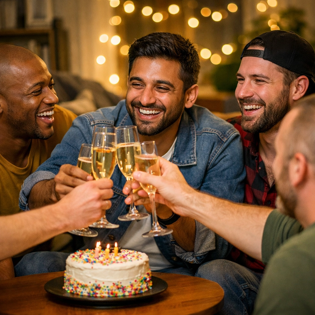A diverse group of gay men toasting with champagne and cake, celebrating a queer life milestone with chosen family.