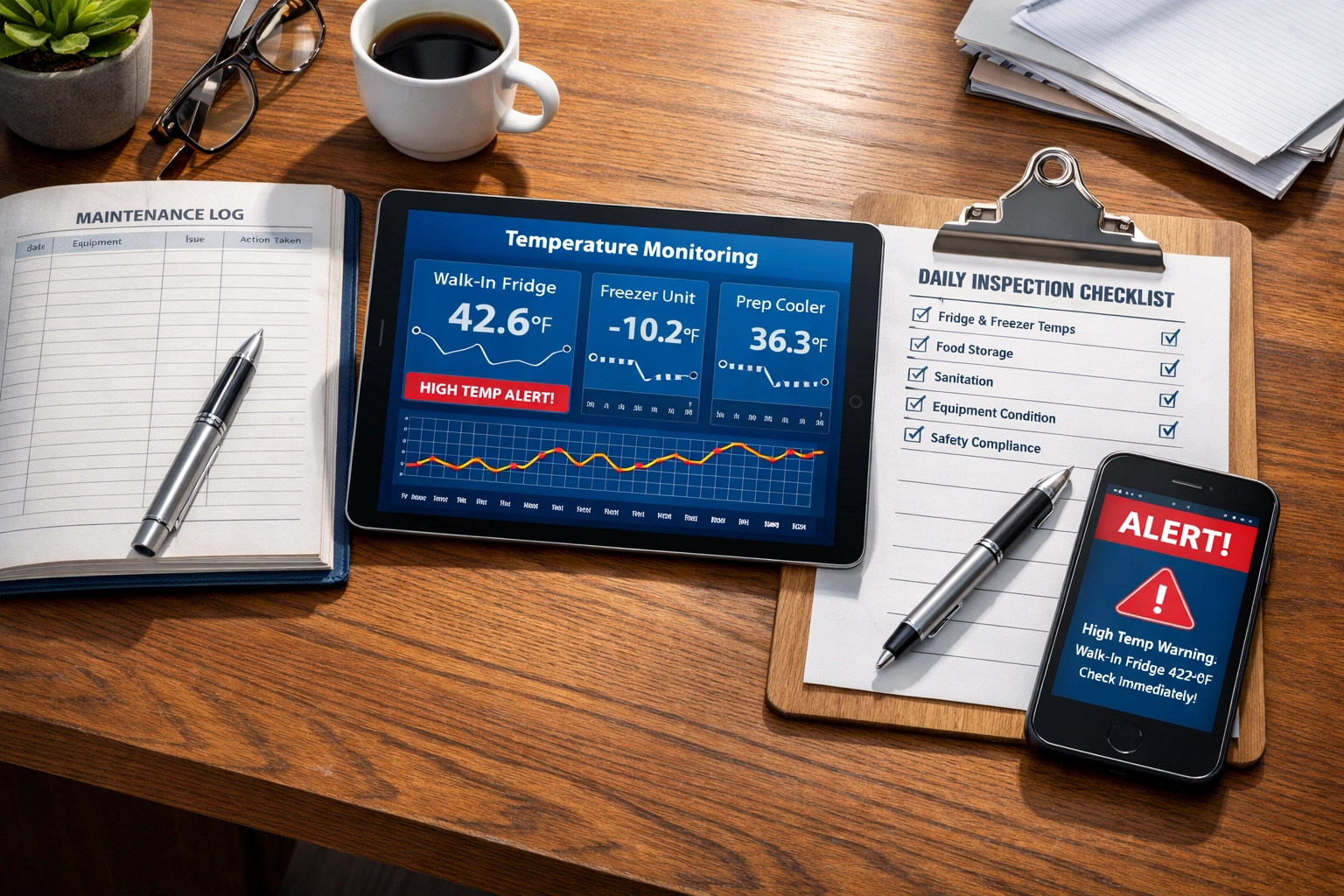 Restaurant manager monitoring temperature alerts and equipment maintenance documentation
