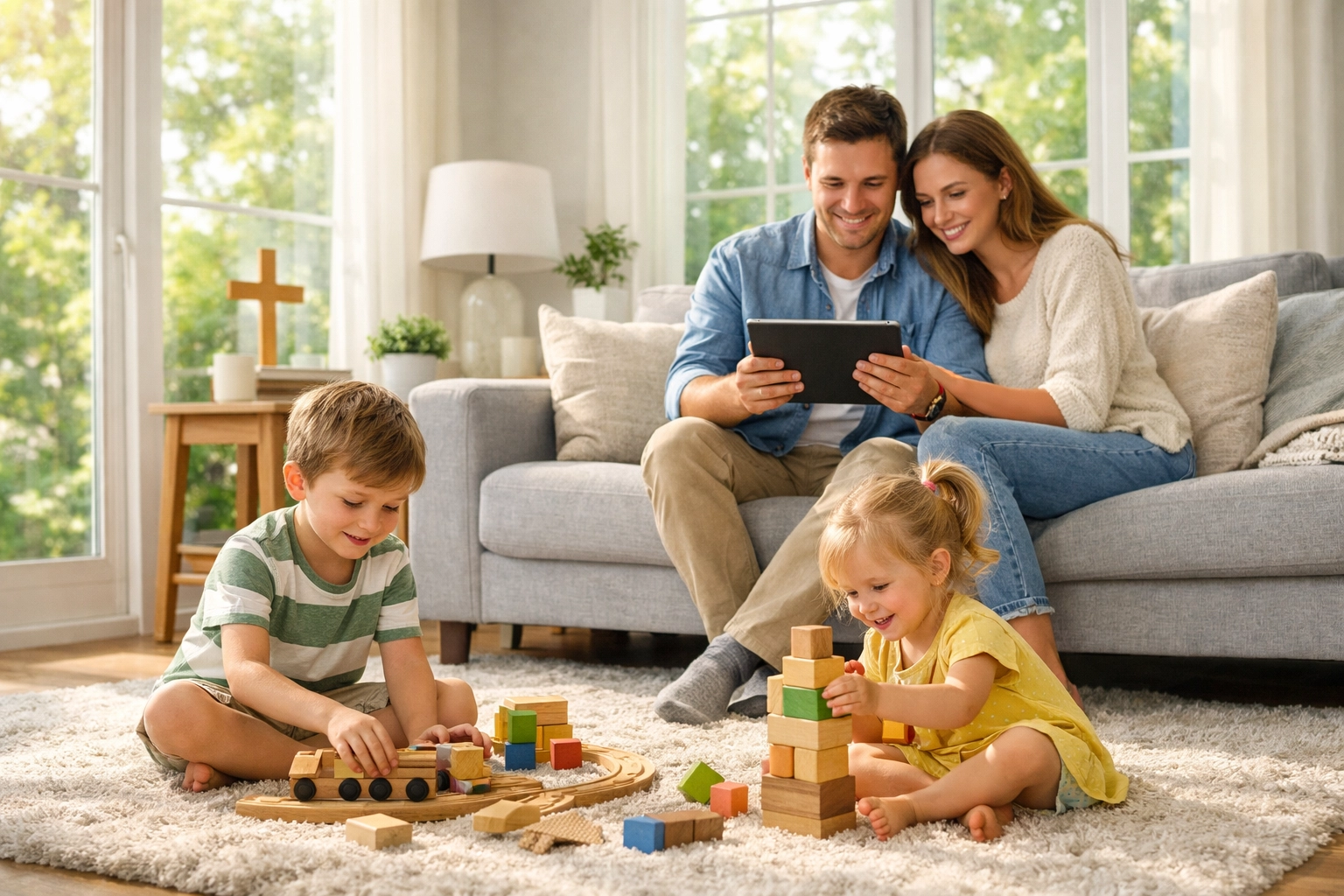 A Christian family using a tablet to grow in faith together in a safe, bright home environment.