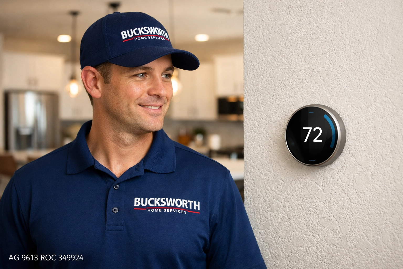 Bucksworth Home Services technician checking a smart thermostat during an AC maintenance visit in Gilbert, AZ.