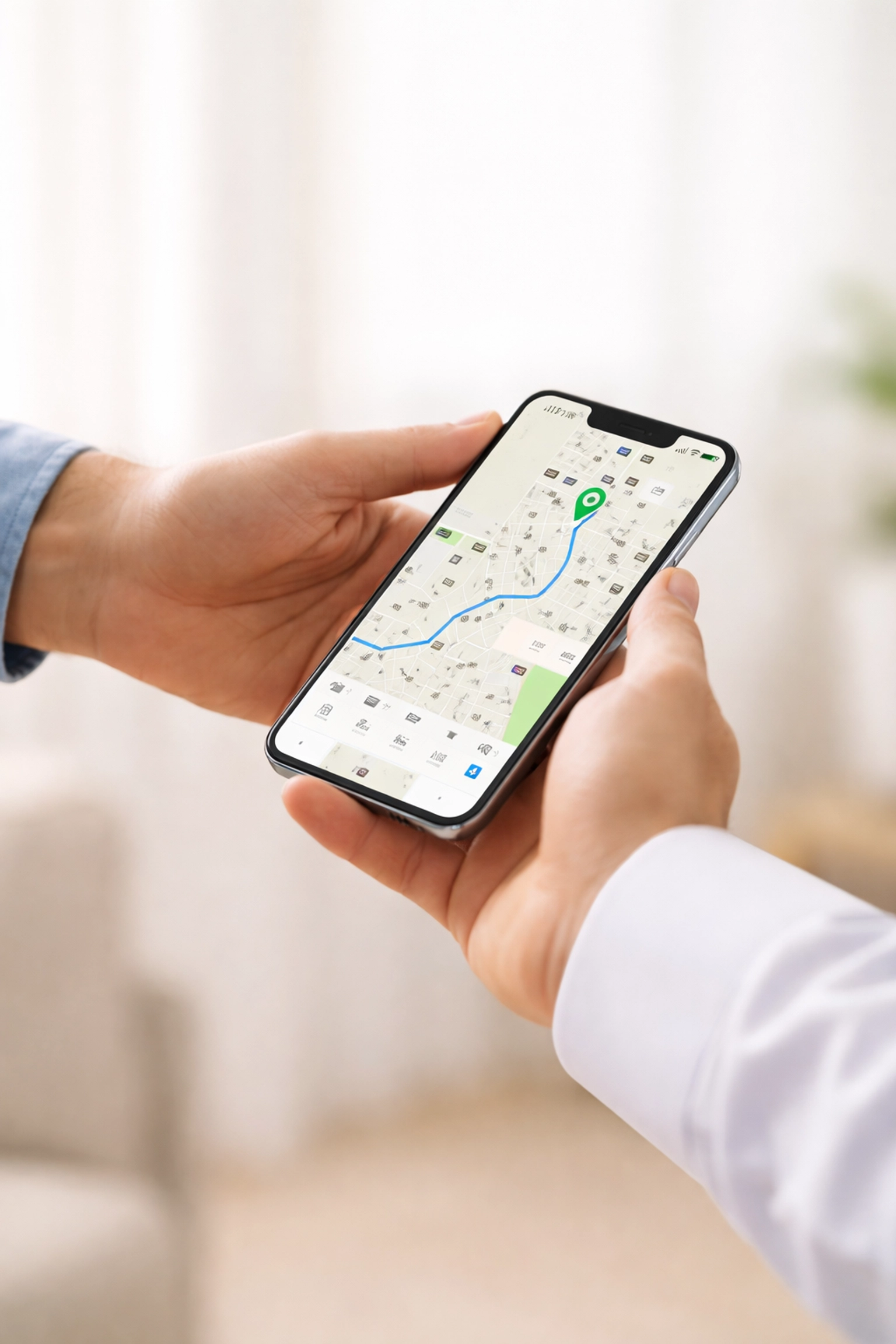 Business owner and service provider exchanging a smartphone, representing seamless managed self-guided tour setup