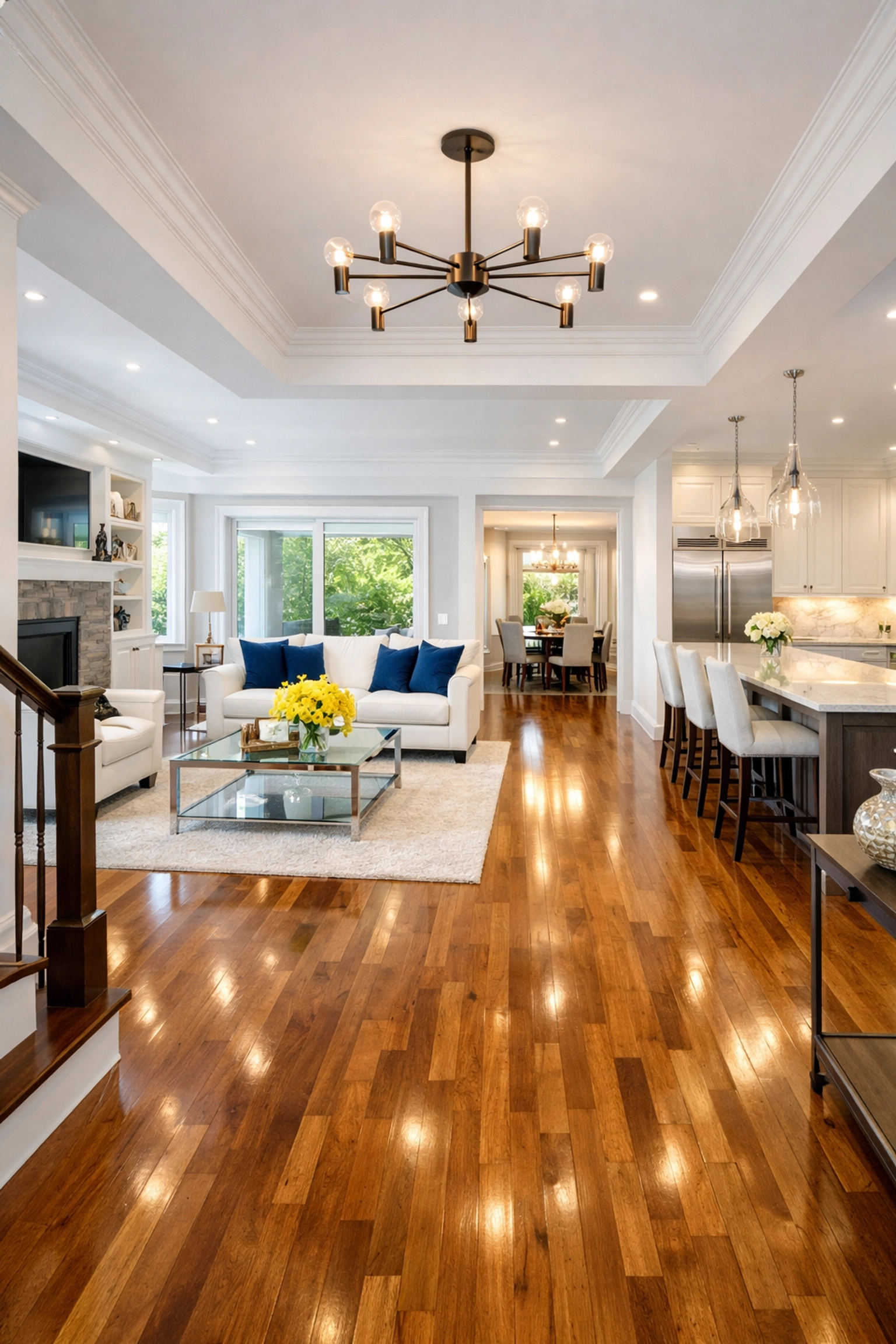 A sparkling clean luxury living room after high-end post-construction cleaning MA services.