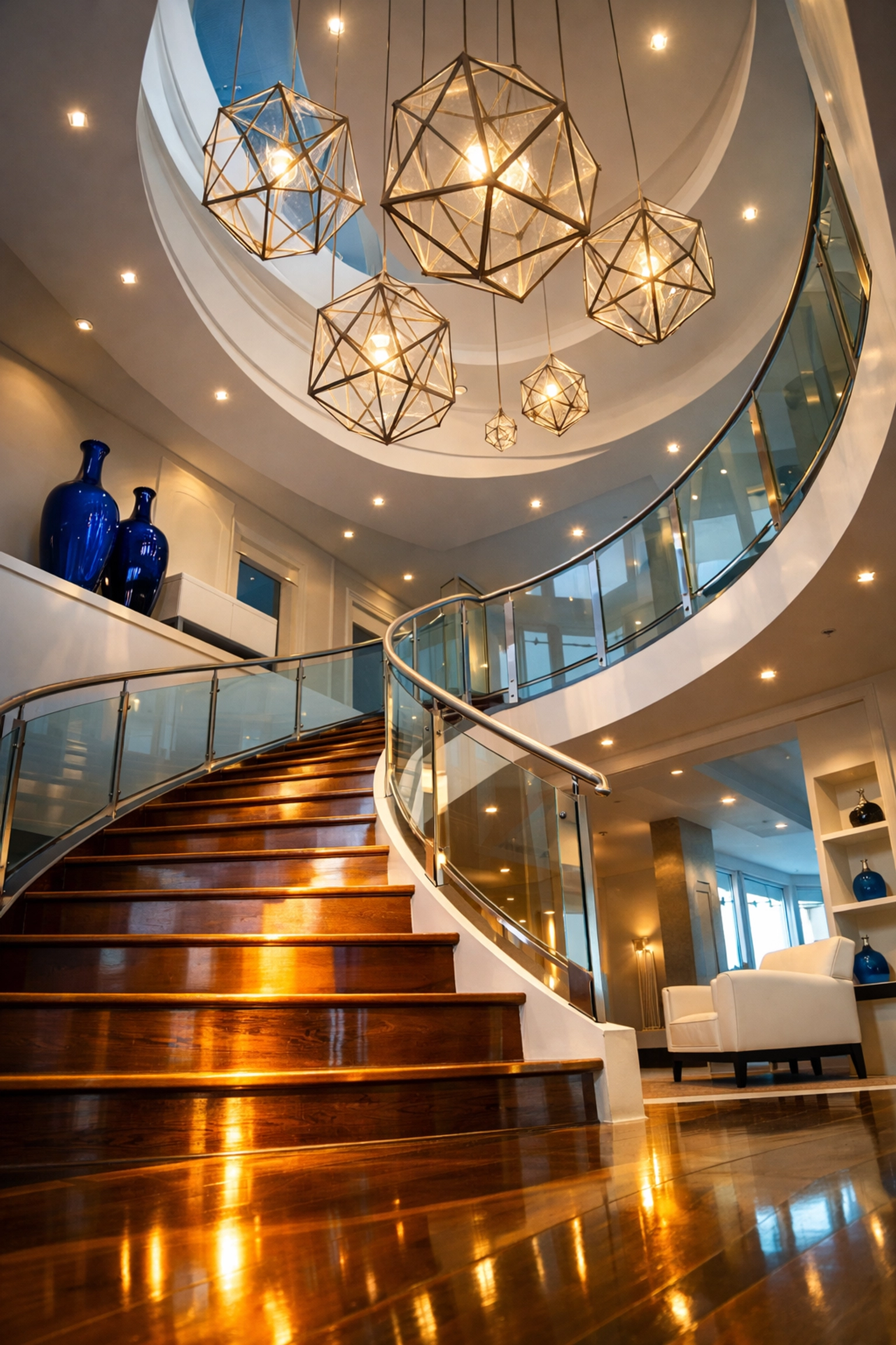 A dust-free foyer and staircase in a Wellesley estate showing professional post-construction cleaning MA results.