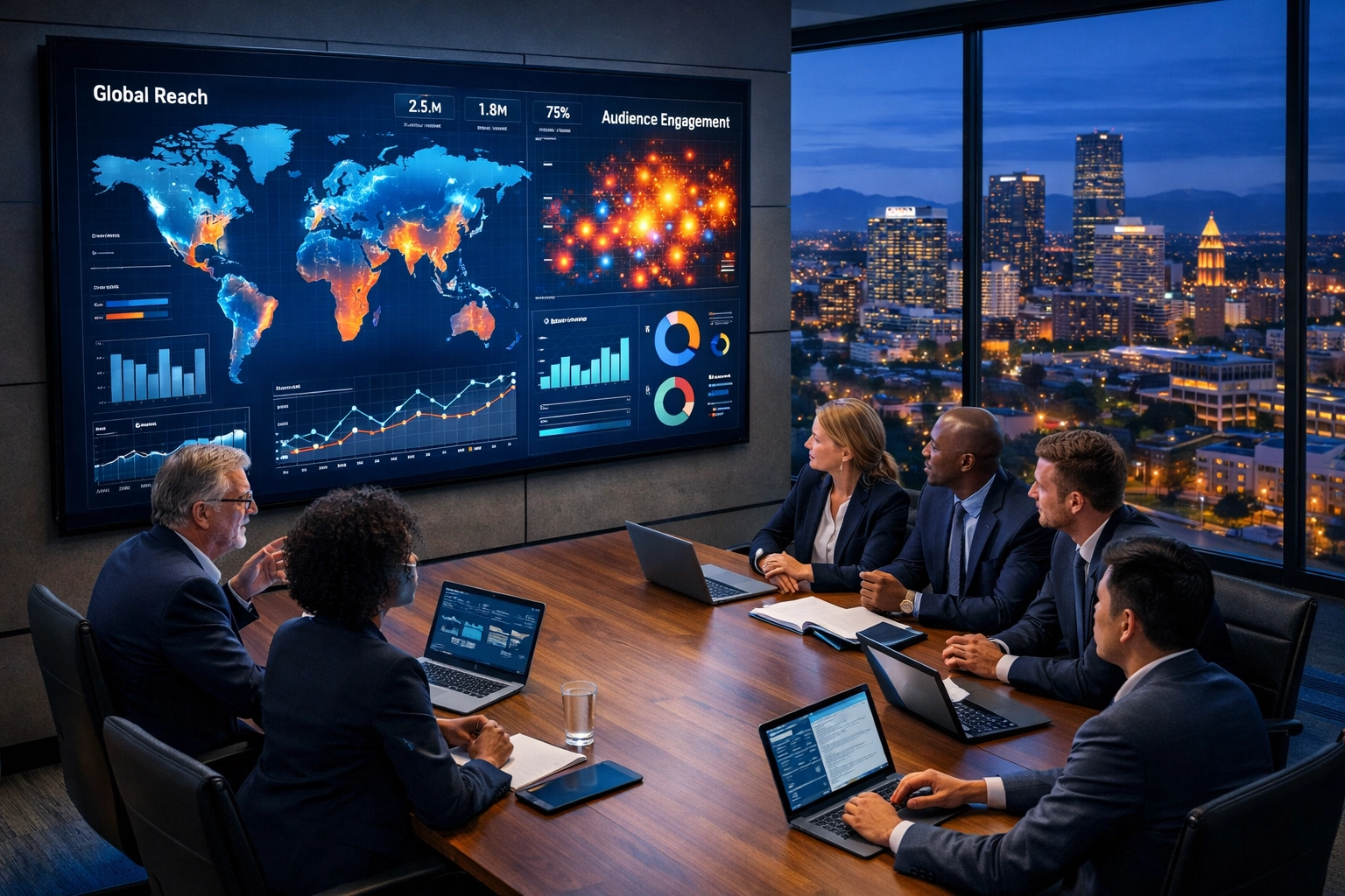 Professional consultants analyzing audience engagement data in a modern media strategy room