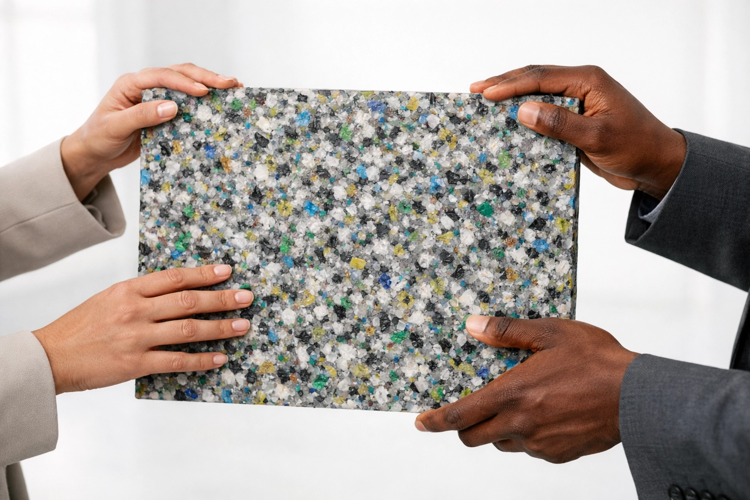 Contractors reviewing recycled plastic samples to meet the Environmentally Sustainable Procurement Policy.