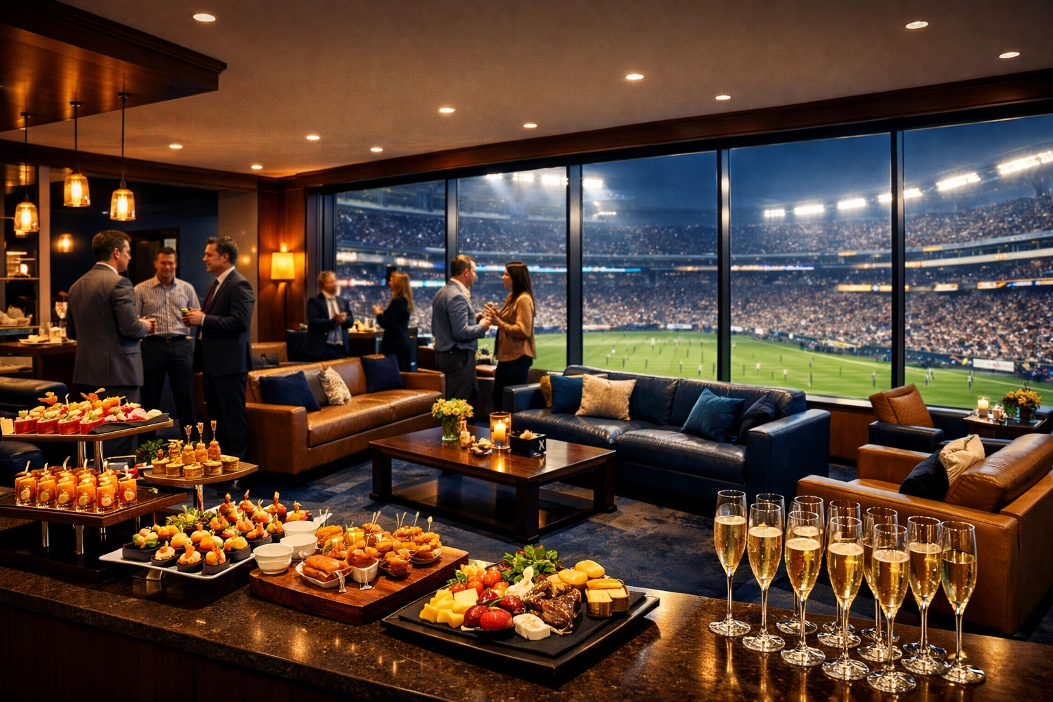How to Integrate Super Bowl VIP Access With Year-Round Client Relationship Strategy: The 12-Month Corporate Hospitality Calendar Luxury Super Bowl VIP suite with executives networking and premium catering overlooking stadium field