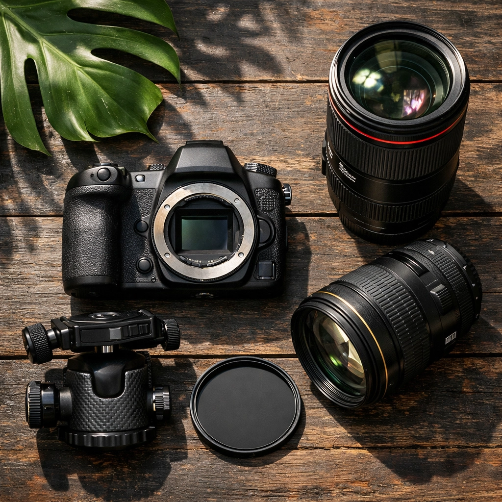 Professional photography gear flat lay featuring lenses and filters used by event photographers in Miami.