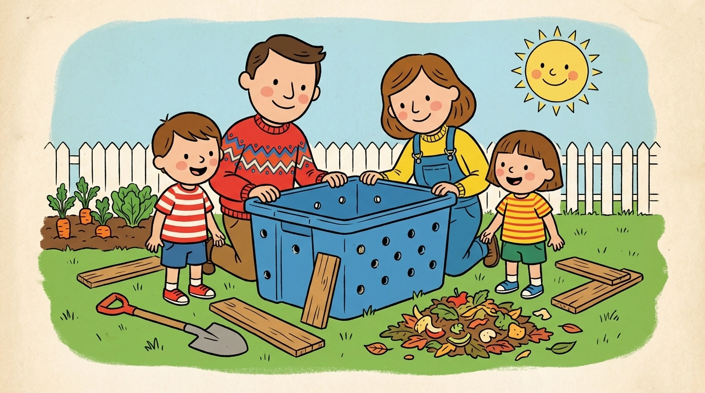 A cartoon family enjoys building a DIY compost bin together in their backyard garden for kids' composting project.