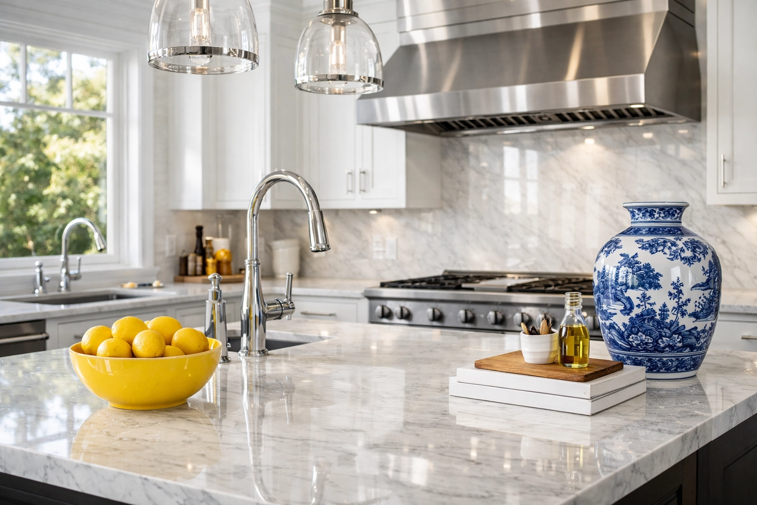 Pristine luxury kitchen in Wellesley MA with marble islands and gleaming surfaces after a professional deep cleaning.