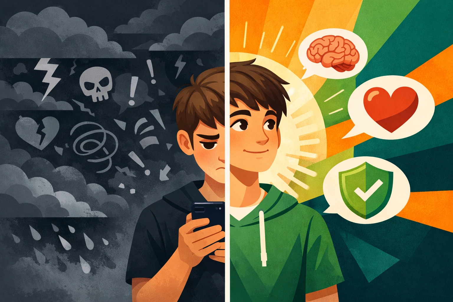 Teen showing emotional impact of online content - concern versus confidence