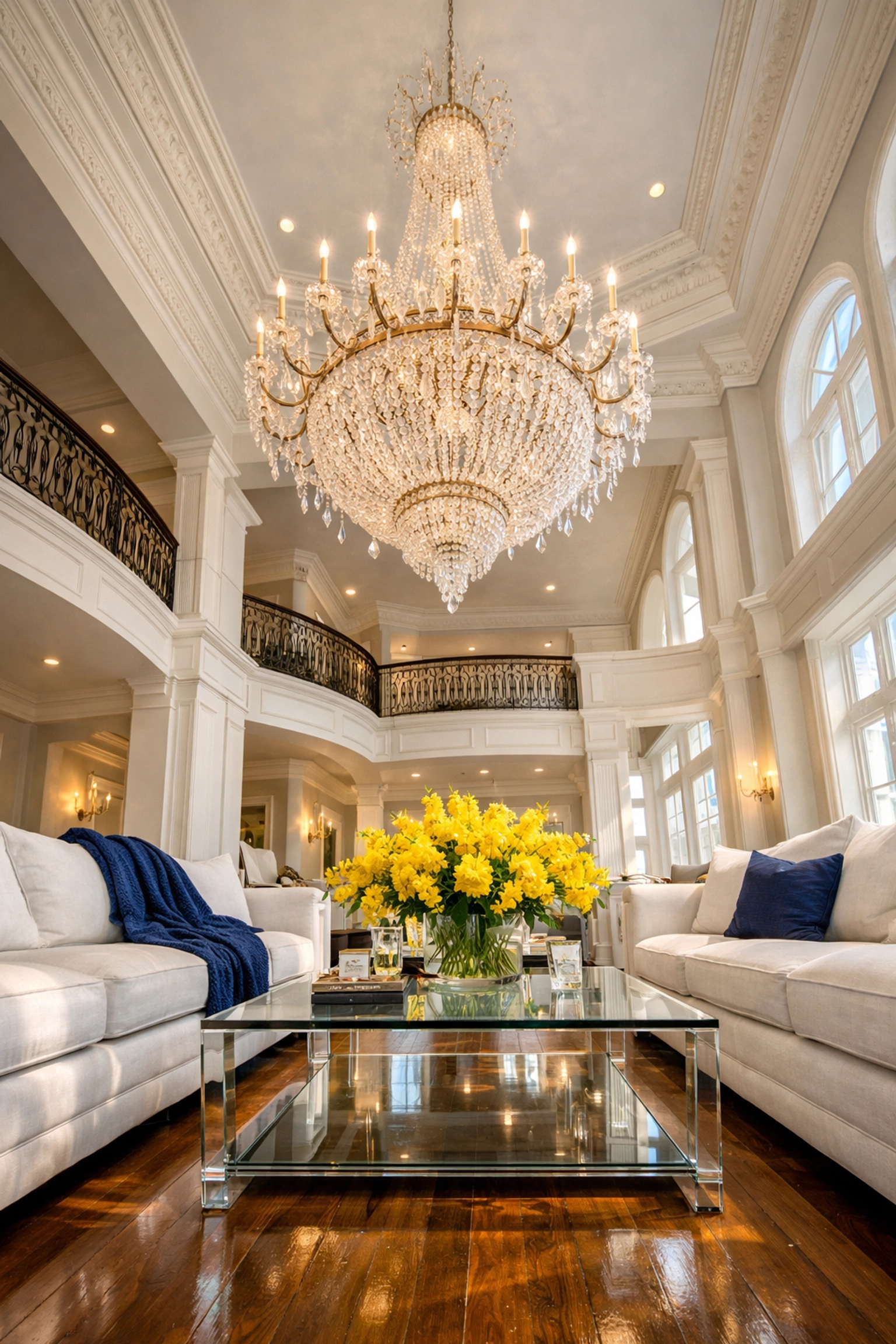Perfectly dusted chandelier and living room in a luxury Boxford estate showing efficient cleaning results.