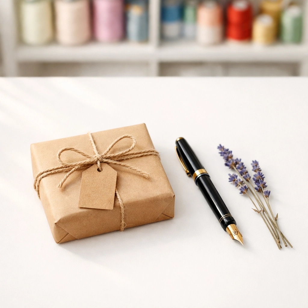 A minimalist maker's desk with a clean, professional package representing streamlined Etsy branding.