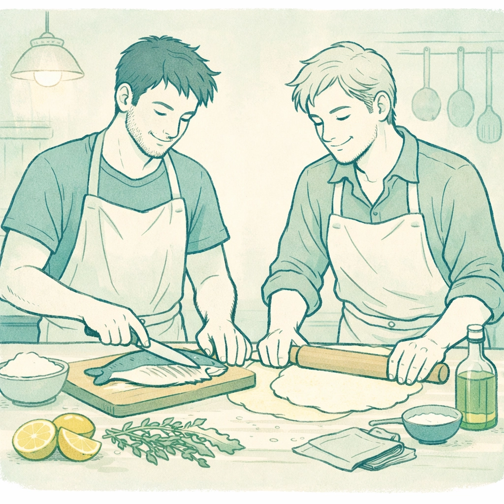 Two men cooking together in kitchen - culinary MM romance and partnership