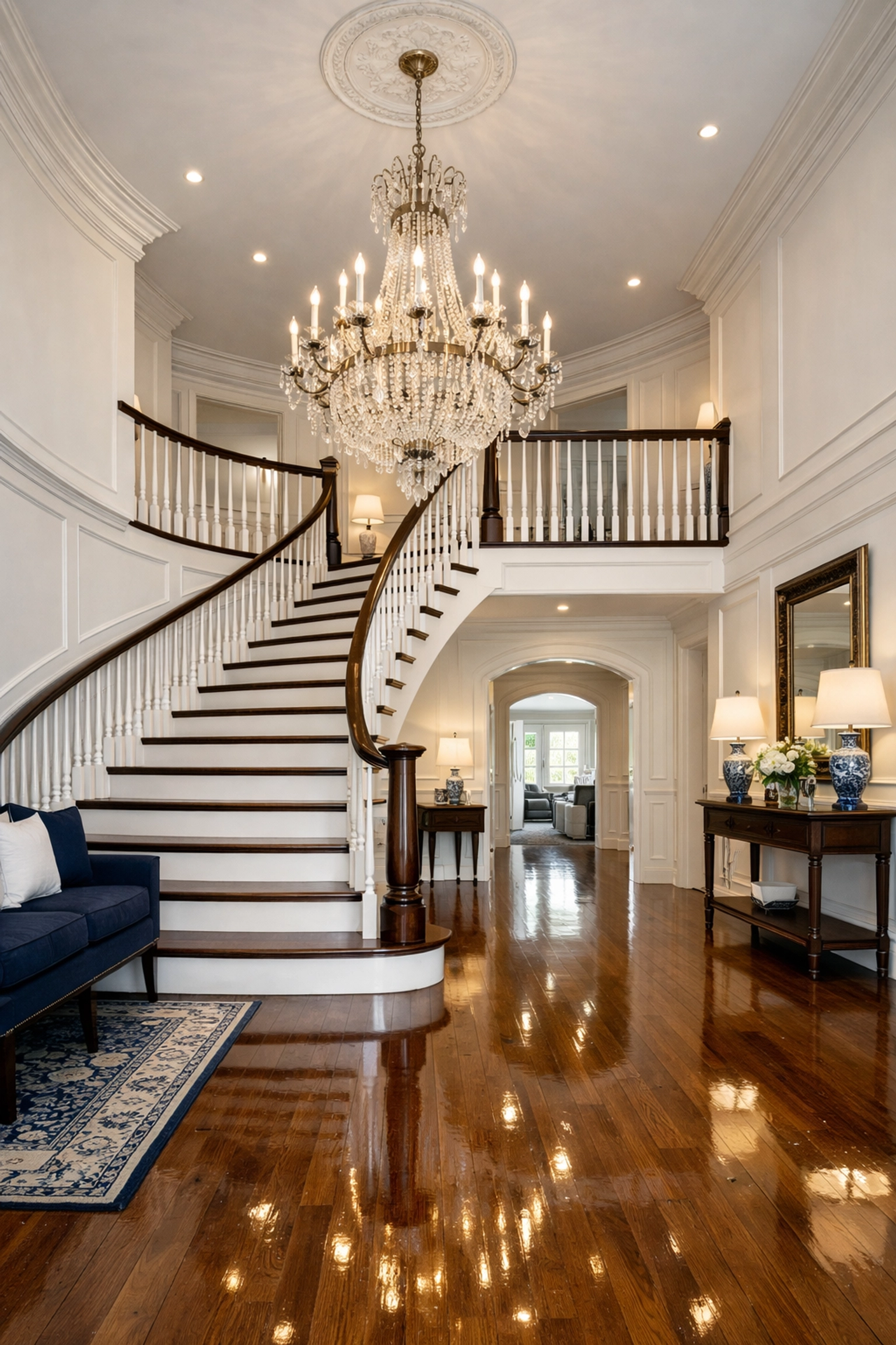 Gleaming hardwood floors in a grand Massachusetts colonial foyer after a professional residential cleaning.