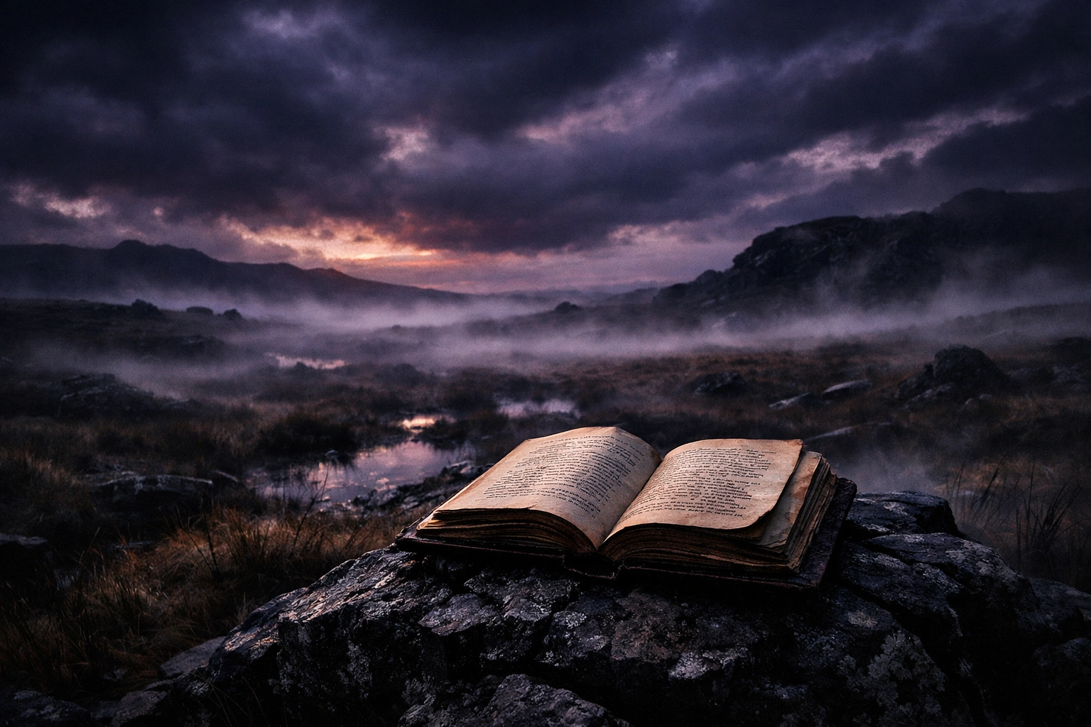 A vintage book on a mist-covered moorland at dusk, reflecting the gothic mood of Wuthering Heights.