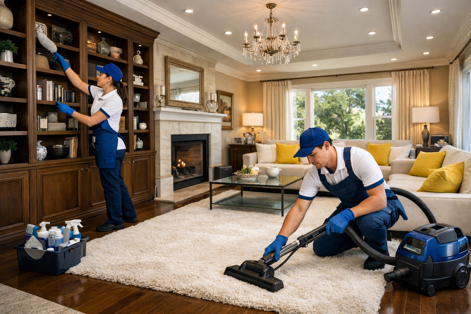 Professional cleaners MA performing detailed residential cleaning in a luxury Worcester living room.