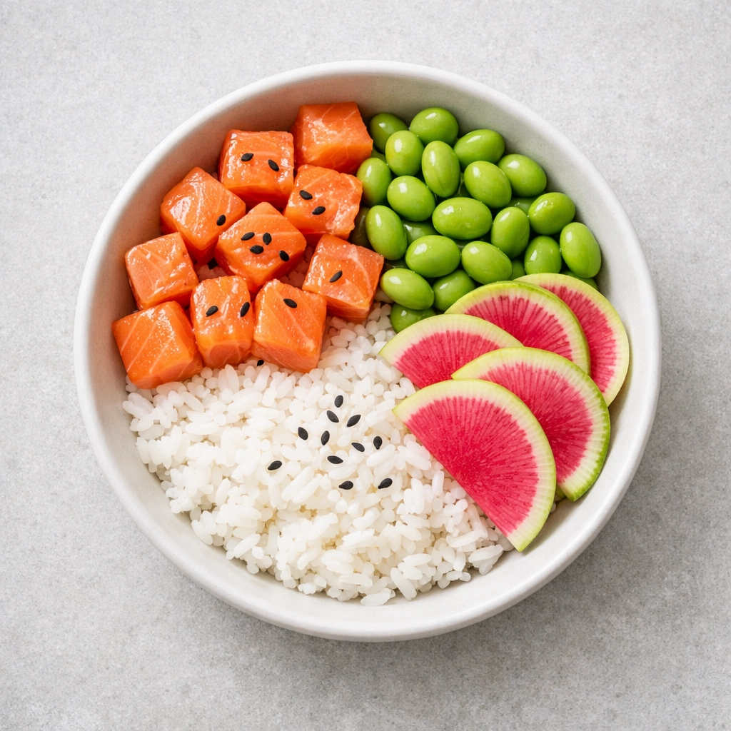 Poke bowl sain et équilibré avec saumon, riz et légumes frais chez Oh My Bowl Montpellier.