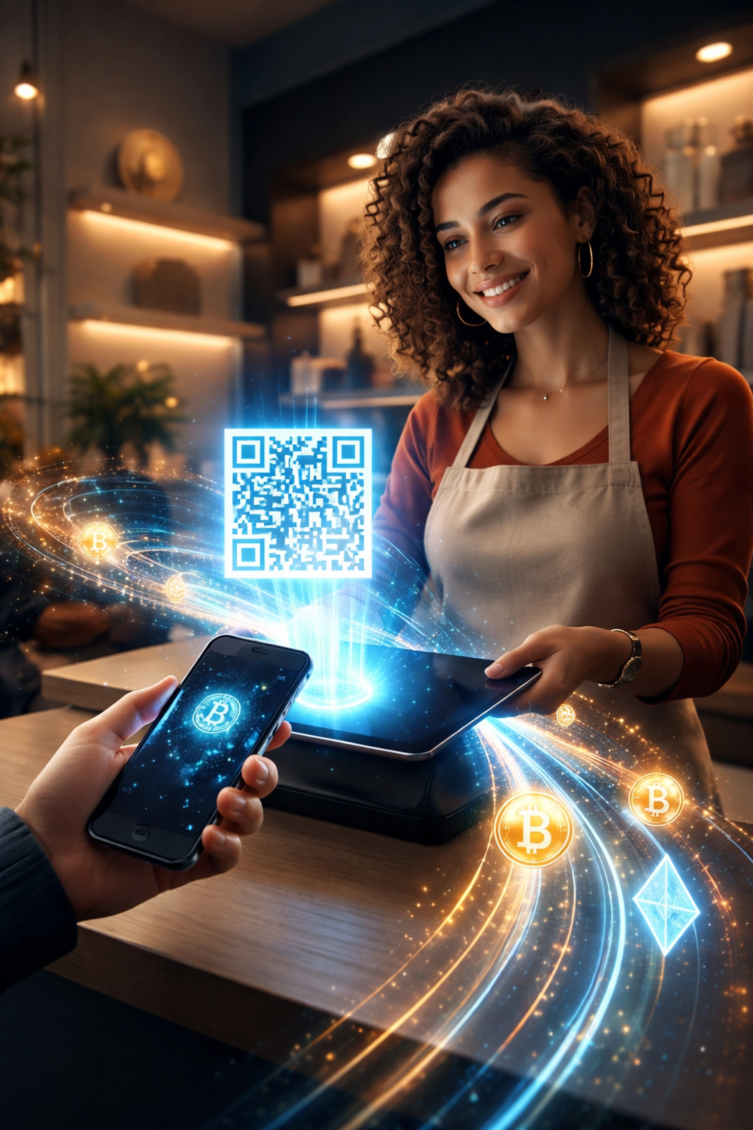 Small business owner using crypto POS system with customer scanning QR code, symbolizing innovative Larecoin payments