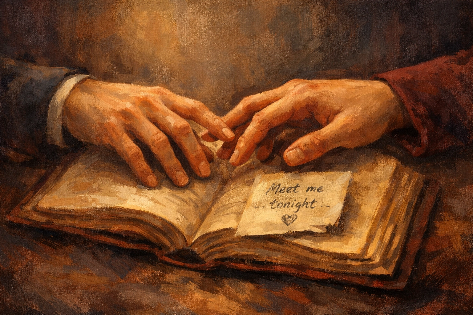 Two men's hands reaching across book symbolizing hidden gay romance and slow burn love