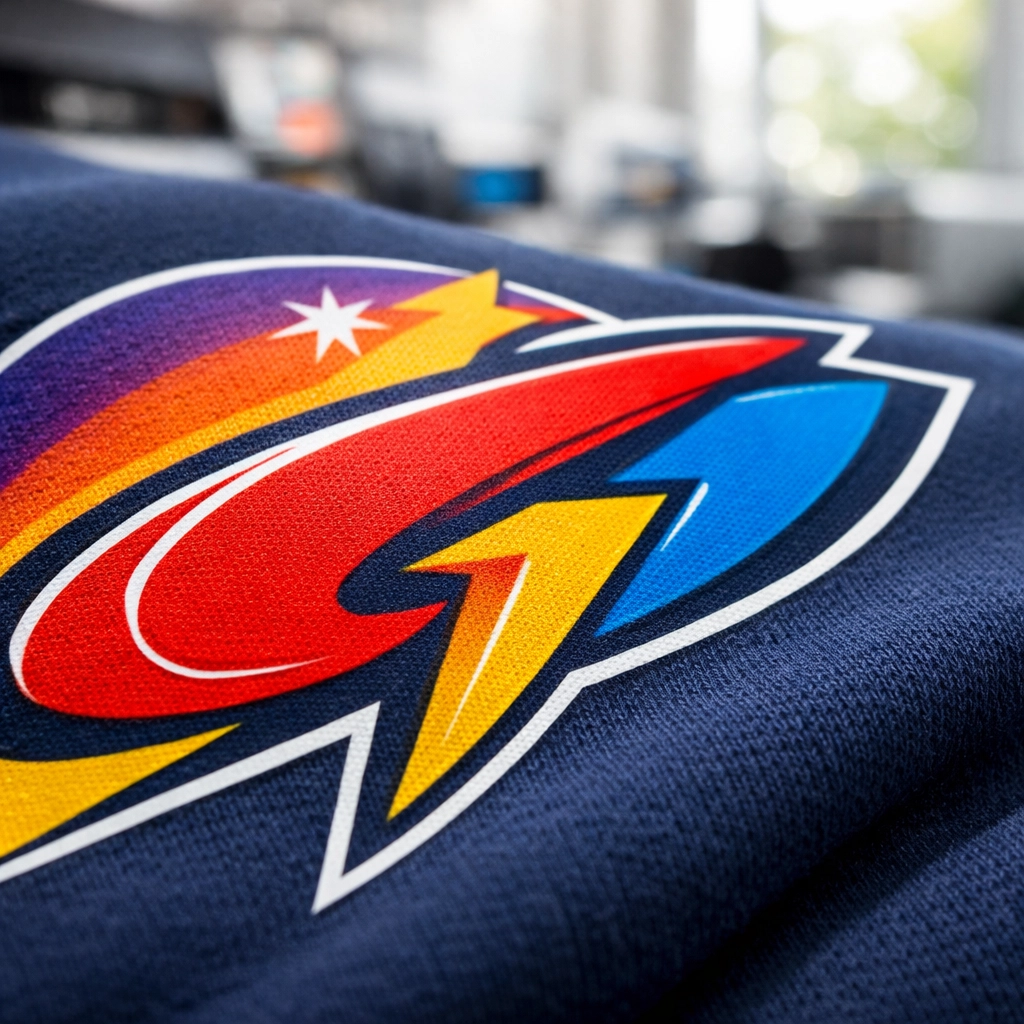 Close-up of a high-resolution DTF print on a custom navy blue t-shirt showing vibrant details.